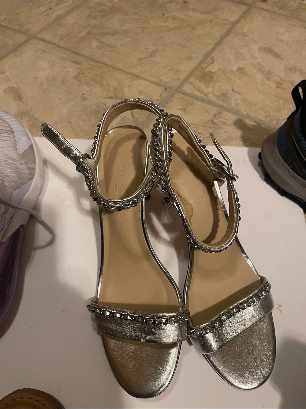 Karl Lagerfeld Metallic Silver Chain-Trim Ankle-Strap Heels